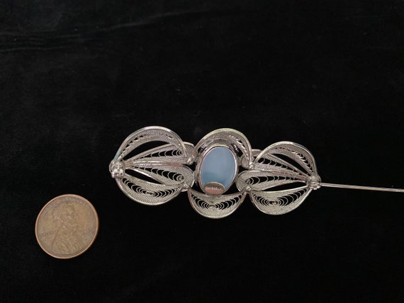 Sterling Filigree Pale Blue Art Glass Brooch - image 4