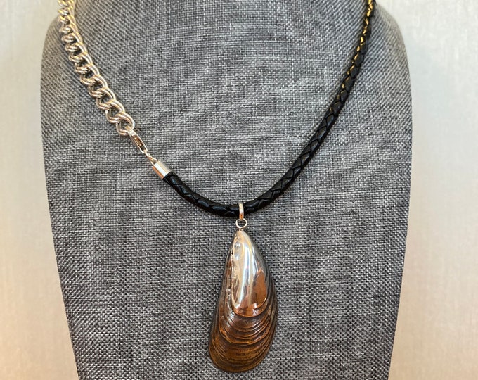 Braided Black Leather & Sterling Silver Mussel Shell Necklace