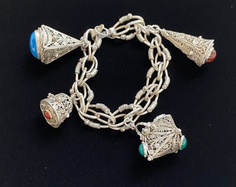Large Vintage Sterling Silver Filigree & Gemstone Charm Bracelet