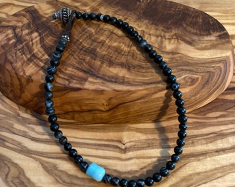 A Delicate Standout Black Agate & Amazonite Silver Beaded Anklet