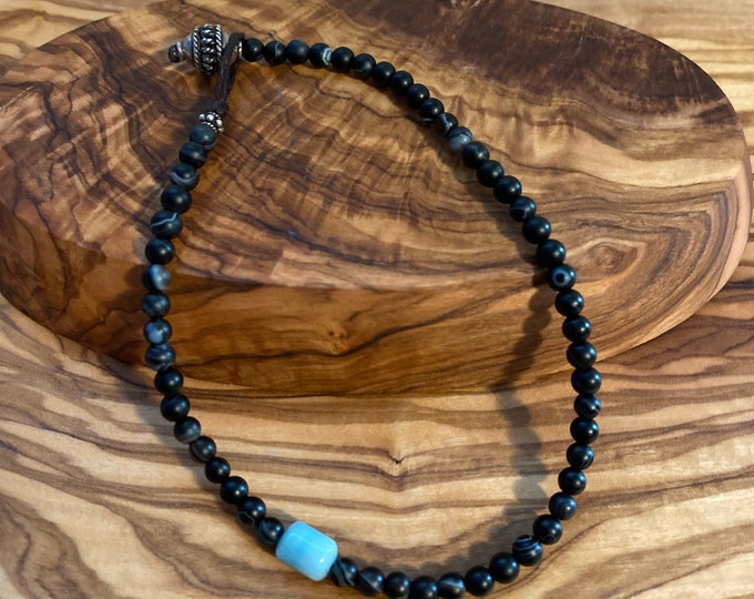 A Delicate Standout Black Agate & Amazonite Silver Beaded Anklet