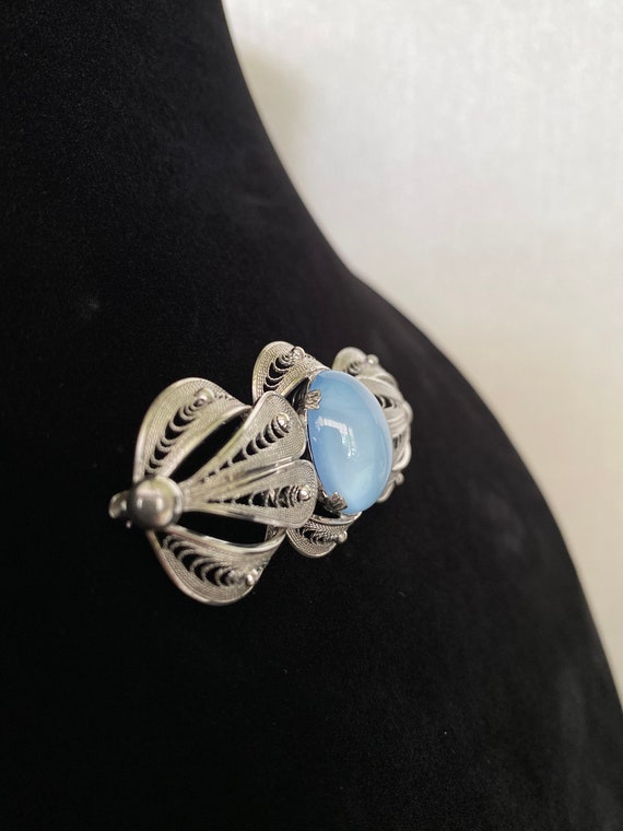 Sterling Filigree Pale Blue Art Glass Brooch - image 3