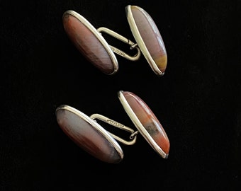 Vintage Agate Oval Cabochon & Sterling Silver Chain Link Cufflinks