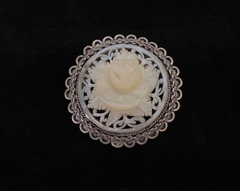 Iridescent Carved Mother Of Pearl & Sterling Brooch Pendant