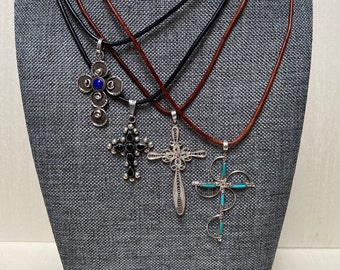 Perfectly Simple Stone Sterling & Leather Cross Necklaces
