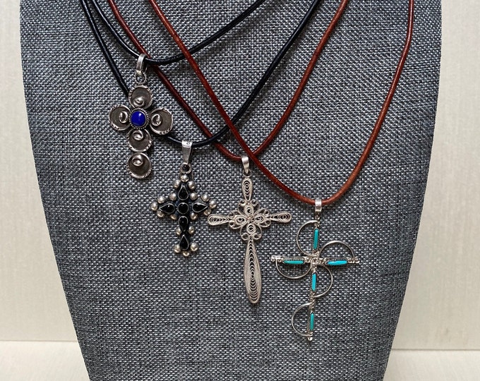 Perfectly Simple Stone Sterling & Leather Cross Necklaces