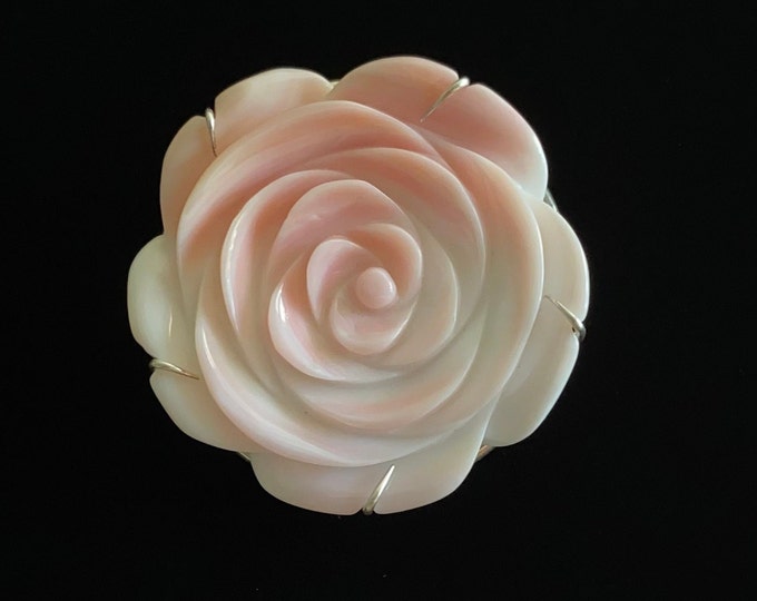 Iridescent Rose Carved Shell & Sterling Silver Brooch