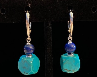 Vintage Turquoise & Lapis Sterling Silver Drop Earrings
