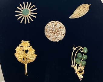 Vintage Gold Wash Garden of Flowers & Jade Brooches