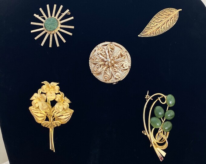 Vintage Gold Wash Garden of Flowers & Jade Brooches