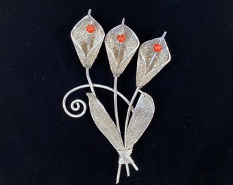 Vintage Large Spun Silver & Coral Flower Brooch