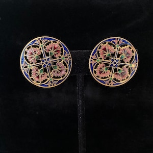 Striking Vintage Pink & Blue Enamel Gold Filled Lotus Flower Earrings
