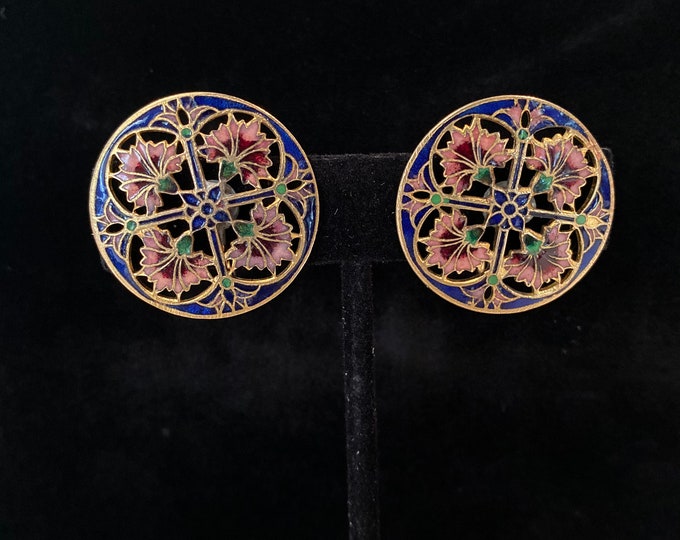 Striking Vintage Pink & Blue Enamel Gold Filled Lotus Flower Earrings