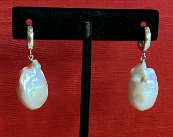 Stunning Large Mabe Freshwater Pearl & Sterling Silver Huggie Hoop Earrings