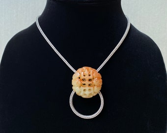 Natural Simplicity Brown Carved Jade Pendant & Square Sterling Wheat Chain Necklace