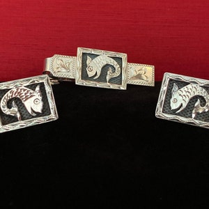 Vintage Mexican Sterling Blackened Lucky Carp Fish Cufflinks & Tie-bar