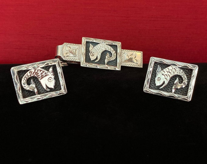 Vintage Mexican Sterling Blackened Lucky Carp Fish Cufflinks & Tie-bar