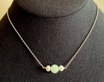 Beautiful Pale Jade & Pearl Sterling Silver Necklace