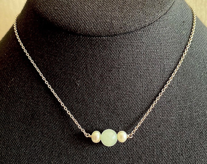 Beautiful Pale Jade & Pearl Sterling Silver Necklace