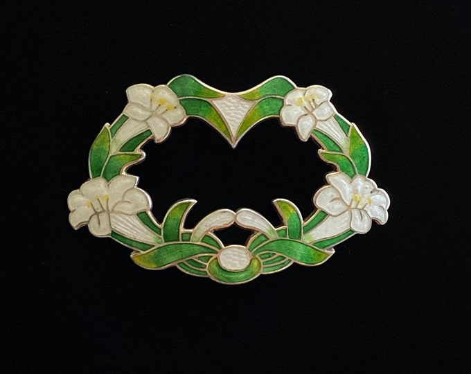 Vintage Art Nouveau Gold Vermeil Sterling Green & White Flowered Enamel Brooch