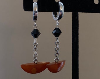 Vintage Amber & Onyx Sterling Silver Dangle Huggie Hoop Earrings