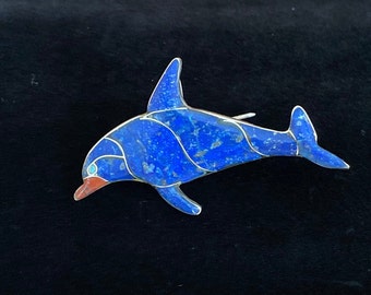 Precious Southwest Lapis Coral & Turquoise Inlay Dolphin Brooch Pendant