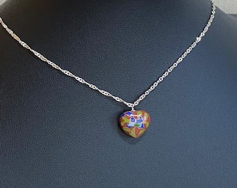 Simply Elegant Red Cloisonne Heart & Sterling Silver Pendant Necklace