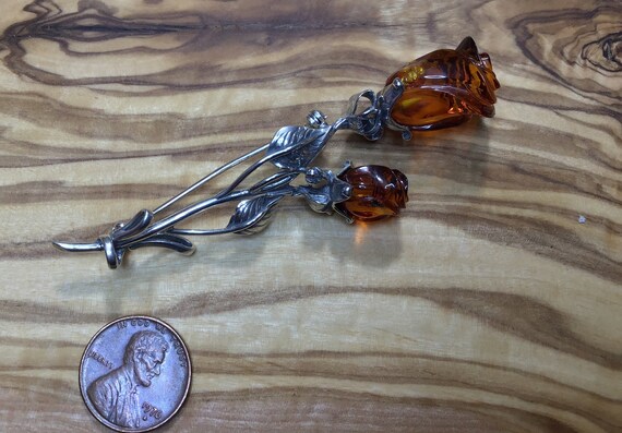 Amber and Sterling Silver Rose Brooch - image 2