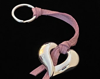 Large Sterling Heart Fob With Pink Leather Lace Keychain