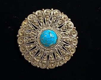 Vintage Sterling Filigree Turquoise Blue Art Glass Brooch Pendant