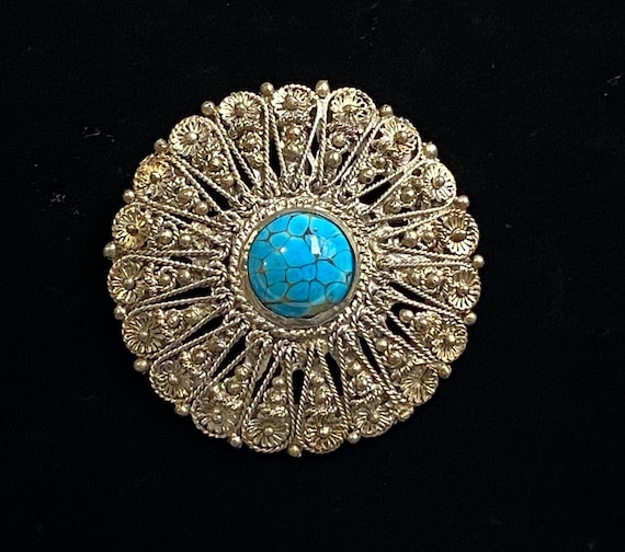 Vintage Sterling Filigree Turquoise Blue Art Glass Brooch Pendant