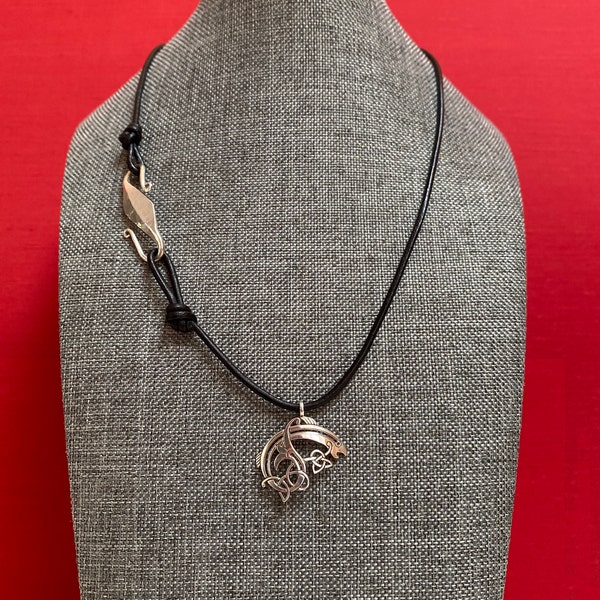 Catch Looks Coming & Going Sterling Celtic Fish And Leather Pendant Necklace