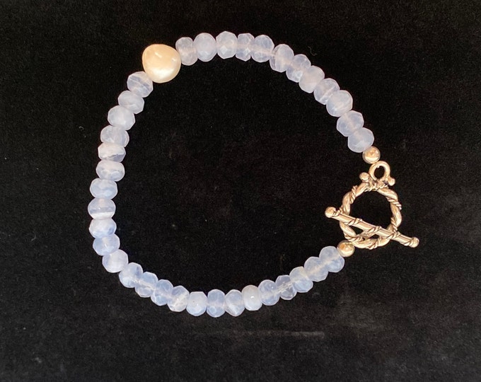 Sweet Feminine Faceted Blue Onyx & Pearl Sterling Toggle Bracelet