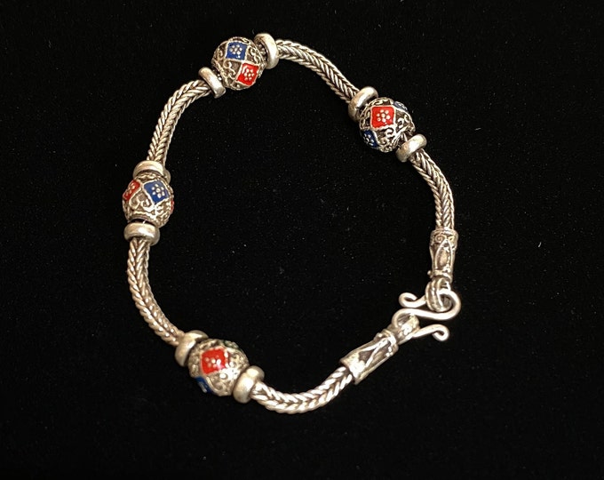 Sterling Wheat & Imperial Colored Enamel Beaded Chain Bracelet