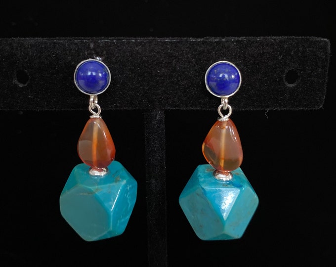 Knockout Turquoise Lapis & Carnelian Sterling Silver Earrings