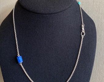 Quirky Simple Lapis & Amazonite Sterling Silver Rolo Chain Necklace