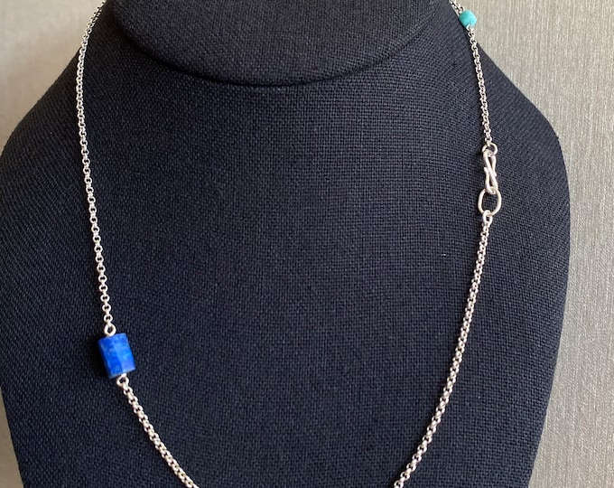 Quirky Simple Lapis & Amazonite Sterling Silver Rolo Chain Necklace