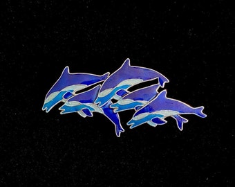 Vintage Vivid Ocean Blue Enamel Dolphins Pod Sterling Silver Brooch