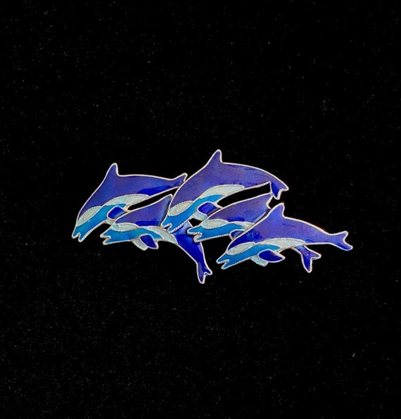 Vintage Vivid Ocean Blue Enamel Dolphins Pod Ster… - image 1