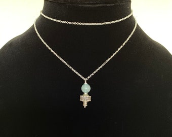 Long Double Wrap Jadeite & Sterling Rolo Chain Pendant Necklace