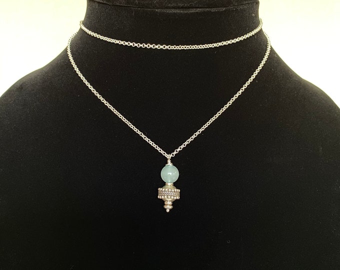 Long Double Wrap Jadeite & Sterling Rolo Chain Pendant Necklace