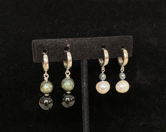 Classic Grey & White Pearls And Onyx On Sterling Huggie Hoops