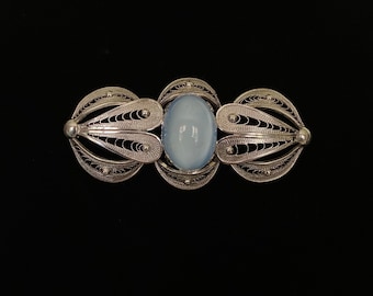 Sterling Filigree Pale Blue Art Glass Brooch