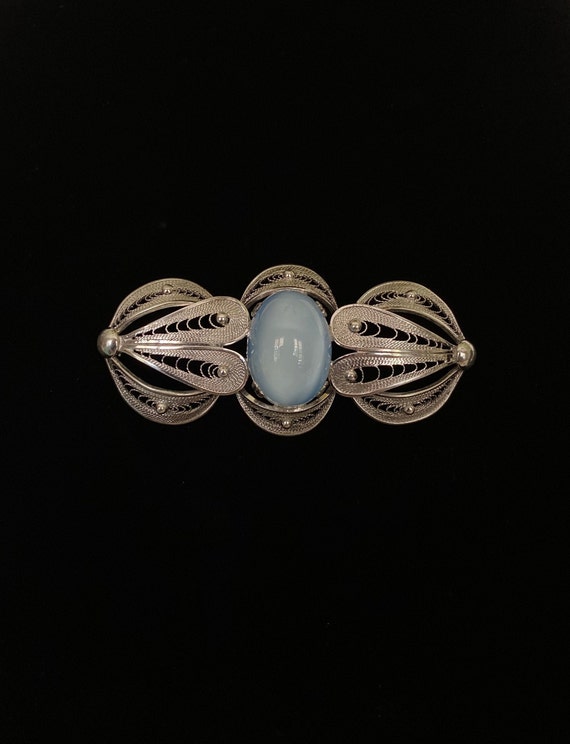 Sterling Filigree Pale Blue Art Glass Brooch - image 1