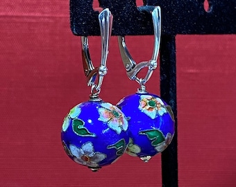 Beautiful Vintage Royal Blue  Cloisonne & Sterling Silver Drop Earrings