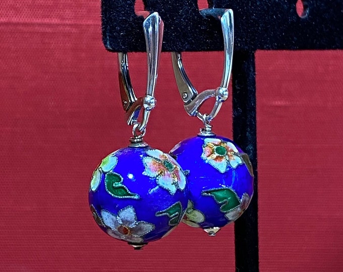 Beautiful Vintage Royal Blue  Cloisonne & Sterling Silver Drop Earrings