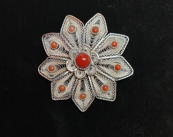 Vintage Spun Silver and Red Coral Flower Brooch