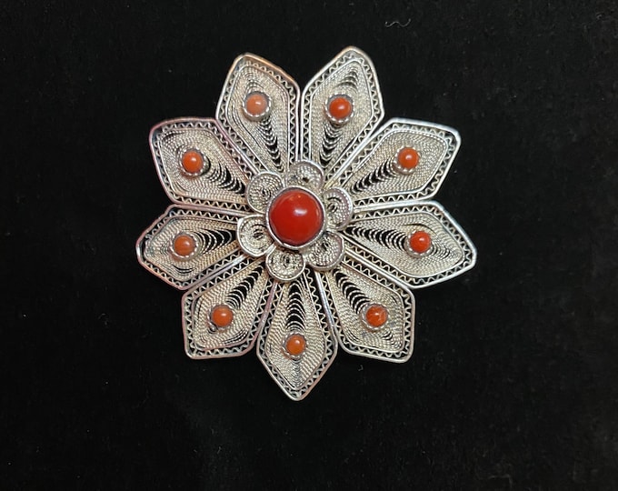 Vintage Spun Silver and Red Coral Flower Brooch