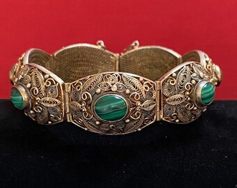Vintage Chinese Silver Gilt Filigree Malachite Panel Bracelet With Slide Clasp