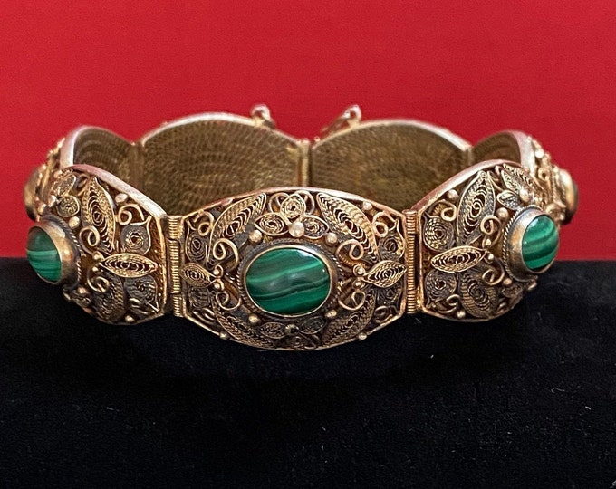 Vintage Chinese Silver Gilt Filigree Malachite Panel Bracelet With Slide Clasp